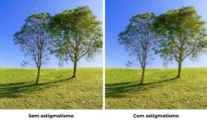 Imagem comparativa da visão de quem tem astigmatismo com a de quem não tem
