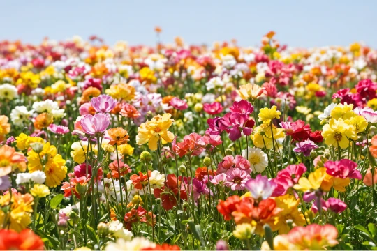 Uma bela paisagem de flores coloridas em um campo, apresentando uma variedade de cores e tipos, ideal para quem ama a natureza e busca inspiração.