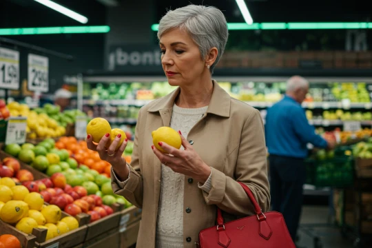 Mulher com cabelo curto e grisalho em supermercado, avaliando limões entre variedade de frutas frescas e coloridas, segurando uma bolsa vermelha.