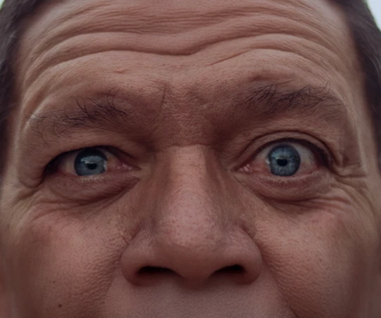 Close-up de um homem com expressão surpreendida, detalhes visíveis das rugas e olhos azuis. A imagem captura a emoção e a intensidade do momento.