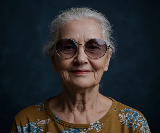 Retrato de uma mulher idosa usando óculos escuros, com cabelos grisalhos e vestindo uma blusa estampada com flores, sorrindo suavemente em um fundo escuro.